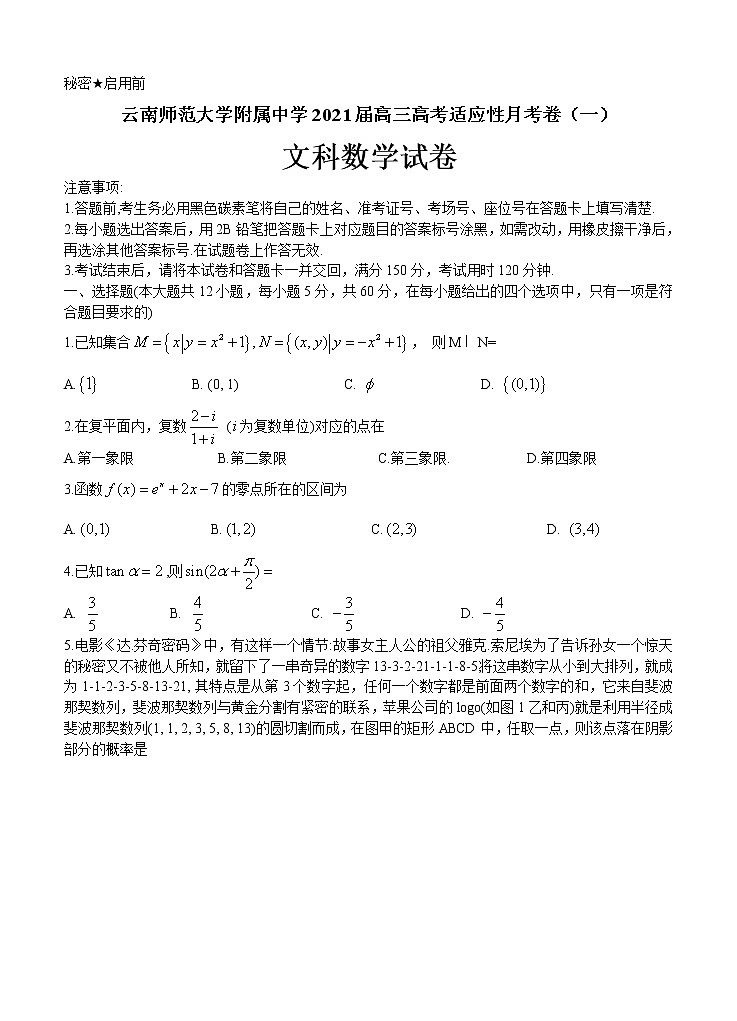 云南师范大学附属中学2021届高三高考适应性月考卷(一)数学(文)(含答案)第1页