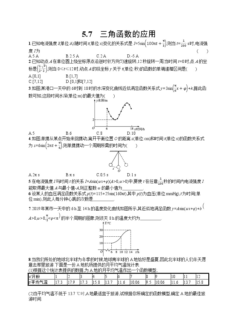 高中数学人教A版（2019）必修第一册5.7　三角函数的应用 试卷01