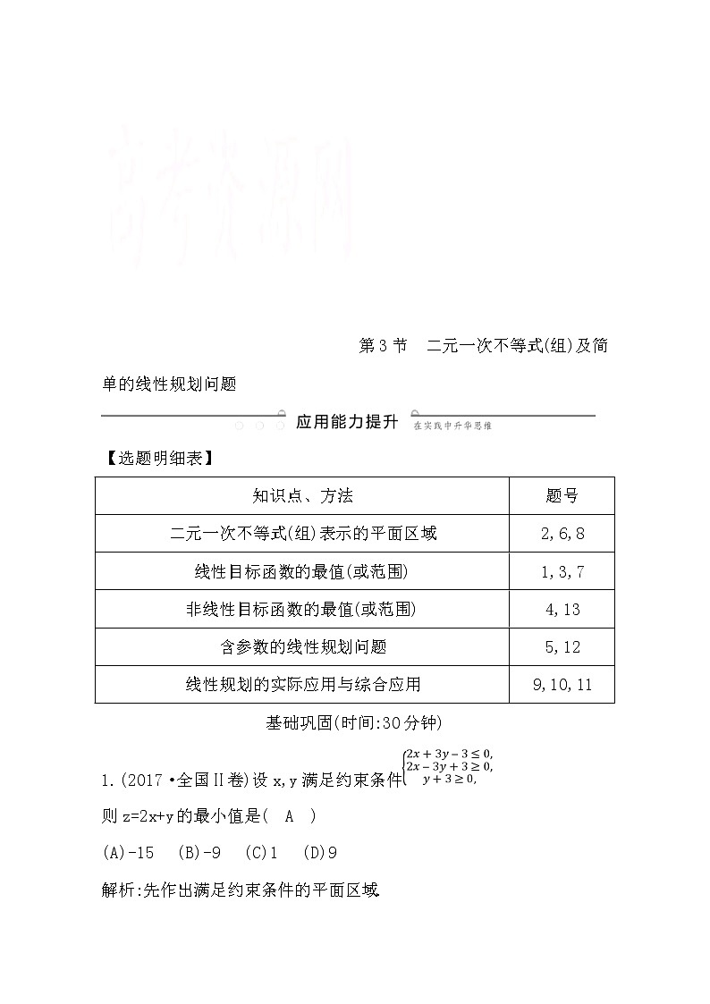 (導(dǎo)與練)2020版高考數(shù)學(xué)一輪復(fù)習(xí)(文數(shù))習(xí)題：第6篇  第3節(jié)　二元一次不等式（組）及簡單的線性規(guī)劃問題(含解析)第1頁