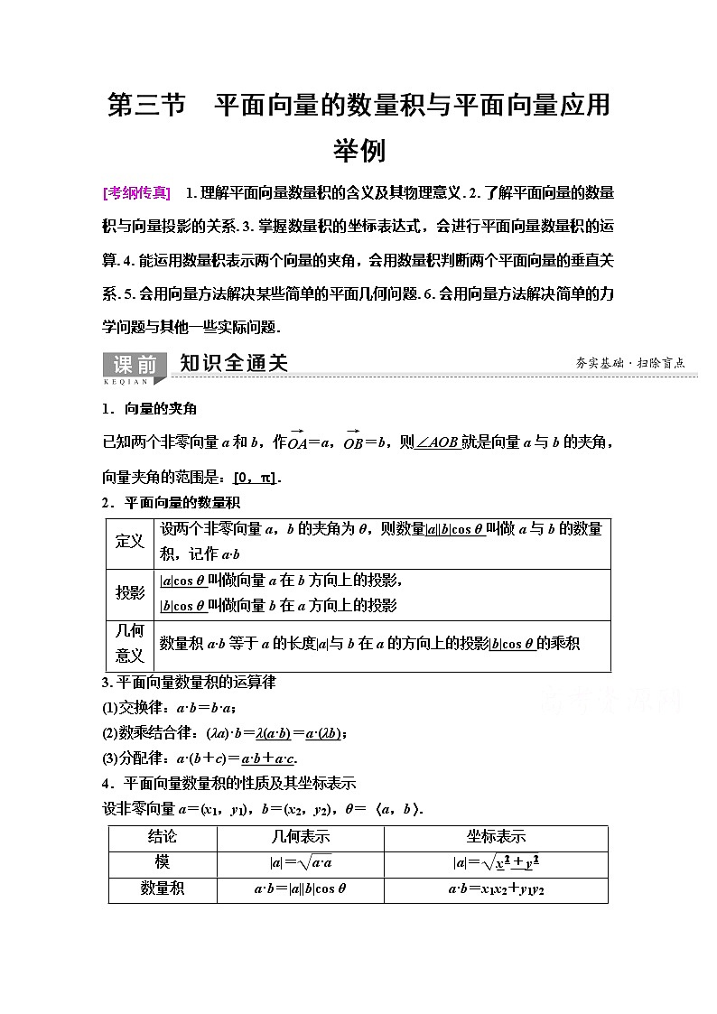 2020版新一线高考理科数学(人教A版)一轮复习教学案:第4章第3节 平面向量的数量积与平面向量应用举例第1页