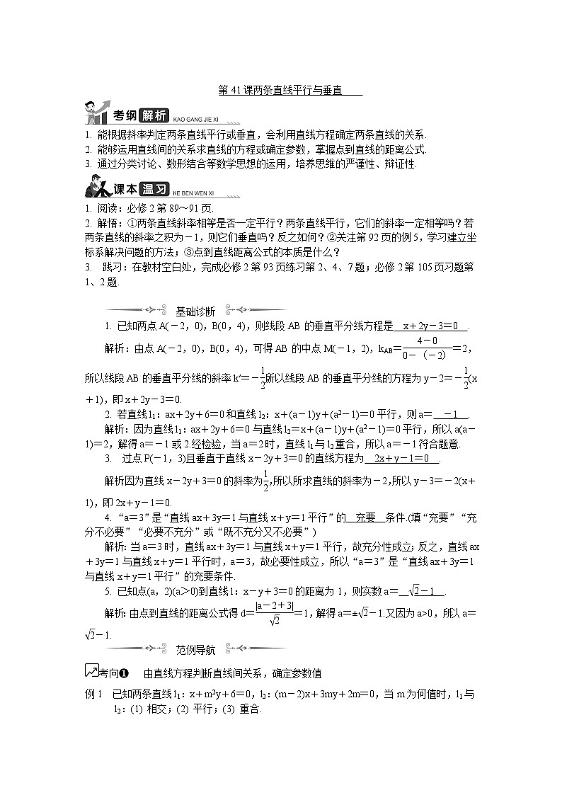 2020版江苏高考数学名师大讲坛一轮复习教程学案:第41课__两条直线平行与垂直第1页