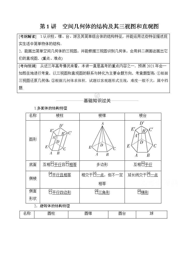 2021届高考数学人教版一轮创新教学案:第7章第1讲 空间几何体的结构及其三视图和直观图01