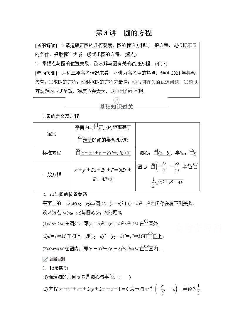 2021届高考数学人教版一轮创新教学案：第8章第3讲　圆的方程01