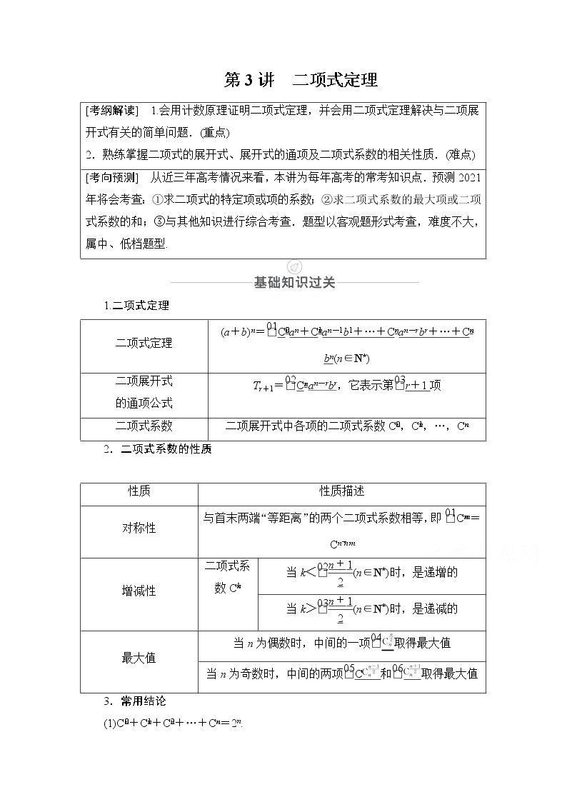 2021届高考数学人教版一轮创新教学案：第10章第3讲　二项式定理01