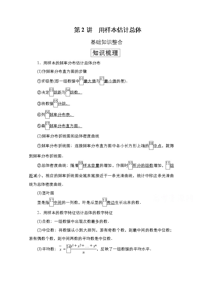 2021高三统考北师大版数学一轮学案:第10章第2讲 用样本估计总体第1页
