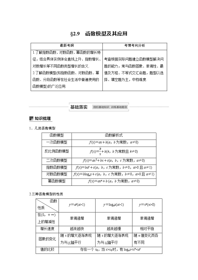 2021高考数学(理)人教A版一轮复习学案作业:第二章2.9函数模型及其应用第1页