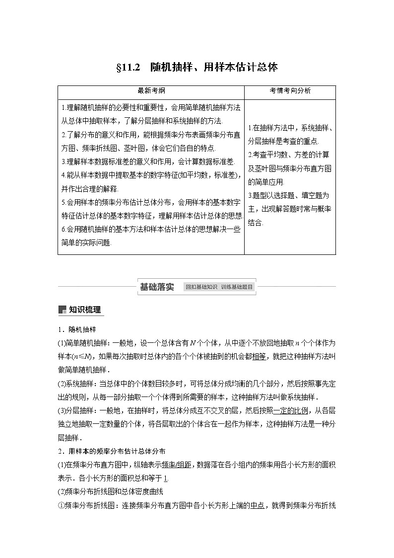 2021高考数学(理)人教A版一轮复习学案作业:第十一章11.2随机抽样、用样本估计总体01