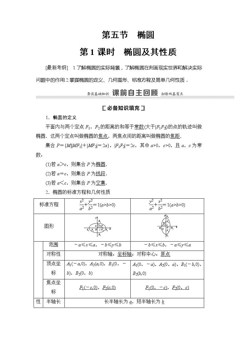 2021版新高考数学(文科)一轮复习教师用书:第9章第5节第1课时 椭圆及其性质01