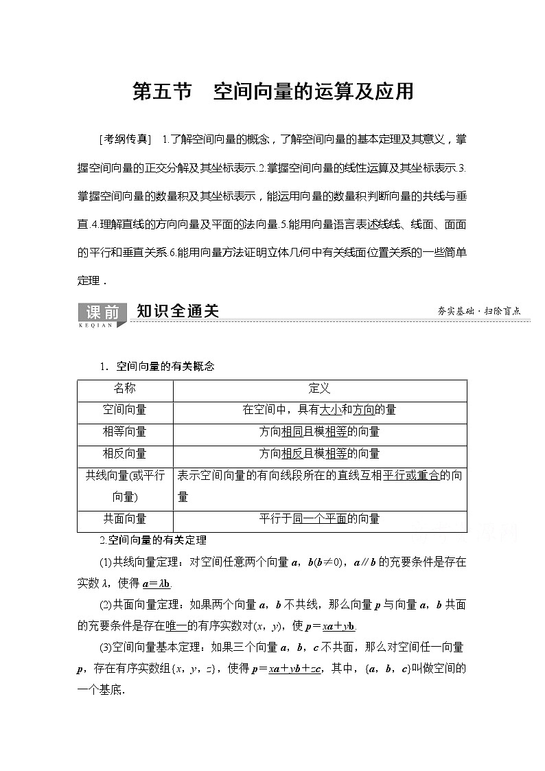 2020版新一线高考理科数学一轮复习教学案:第7章第5节 空间向量的运算及应用01