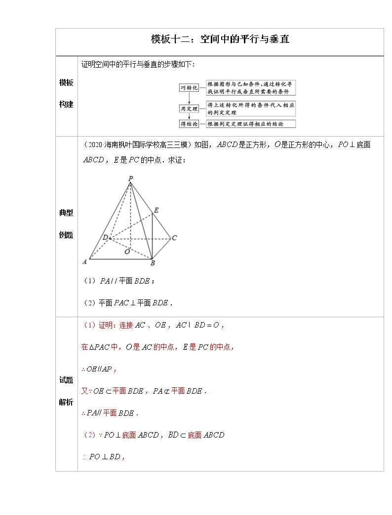 模板十二:空间中的平行与垂直高中数学必备考试技能01