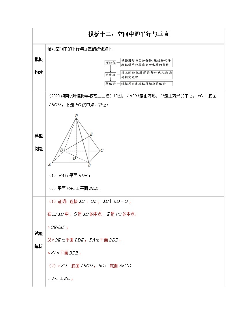 模板十二：空间中的平行与垂直高中数学必备考试技能01