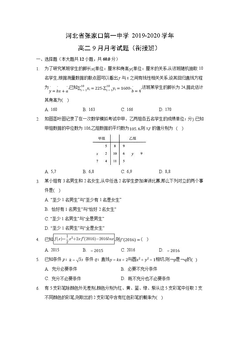 【数学】河北省张家口第一中学2019-2020学年高二9月月考试题(衔接班)01