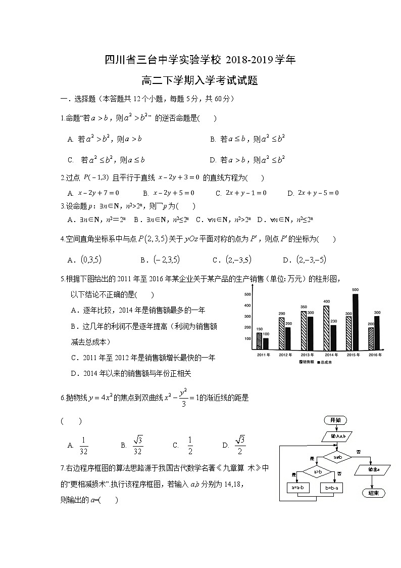 【数学】四川省三台中学实验学校2018-2019学年高二下学期入学考试试题第1页