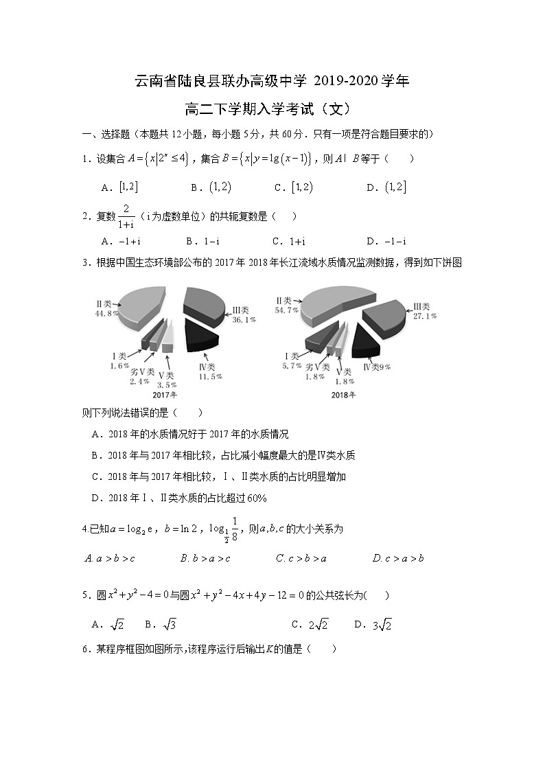 【数学】云南省陆良县联办高级中学2019-2020学年高二下学期入学考试(文)01