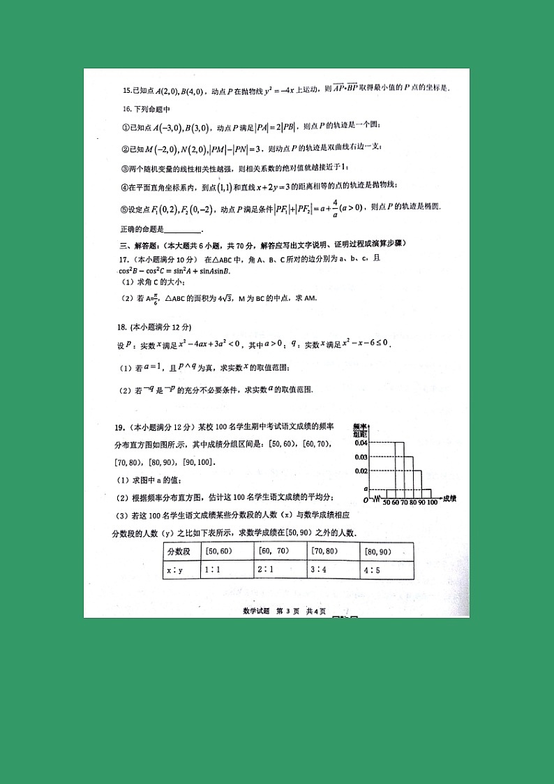 【数学】安徽省淮北市第一中学2018-2019学年高二下学期开学考试(理)03