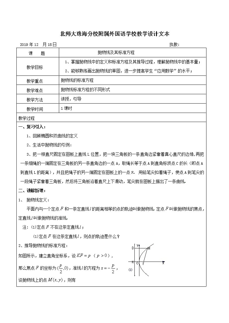 7.4.1抛物线及其标准方程 1课时 教案-2020届高三数学一轮复习第1页
