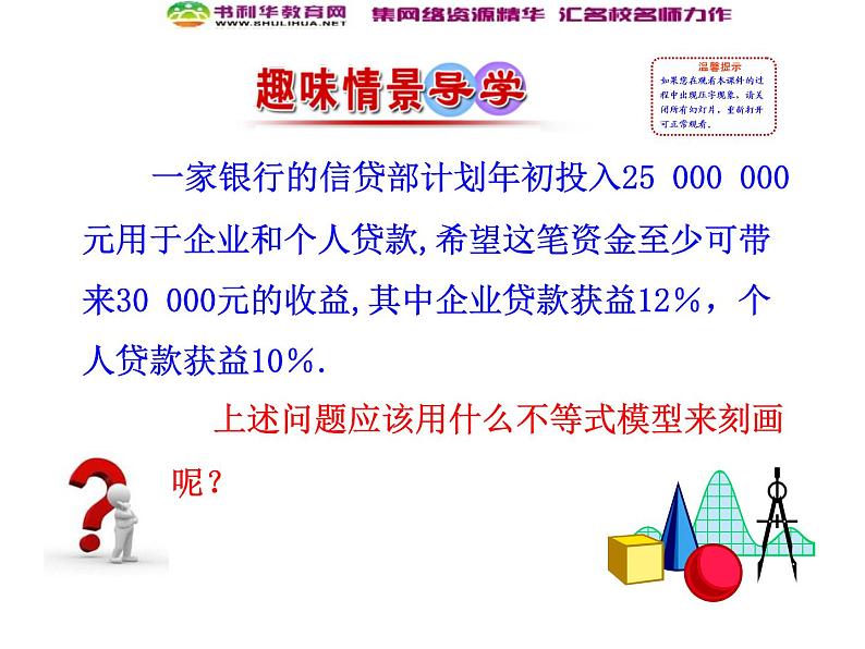 人教版高中数学必修五同课异构课件:3.3.1 二元一次不等式(组)与平面区域 第1课时 二元一次不等式表示的平面区域 情境互动课型02