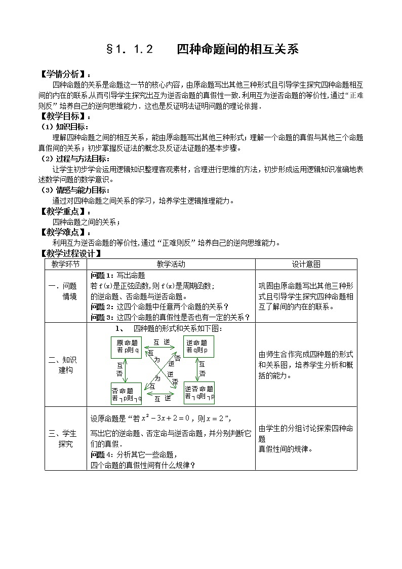 人教A版選修1-1 1-1-2四種命題間的相互關(guān)系（含答案）第1頁
