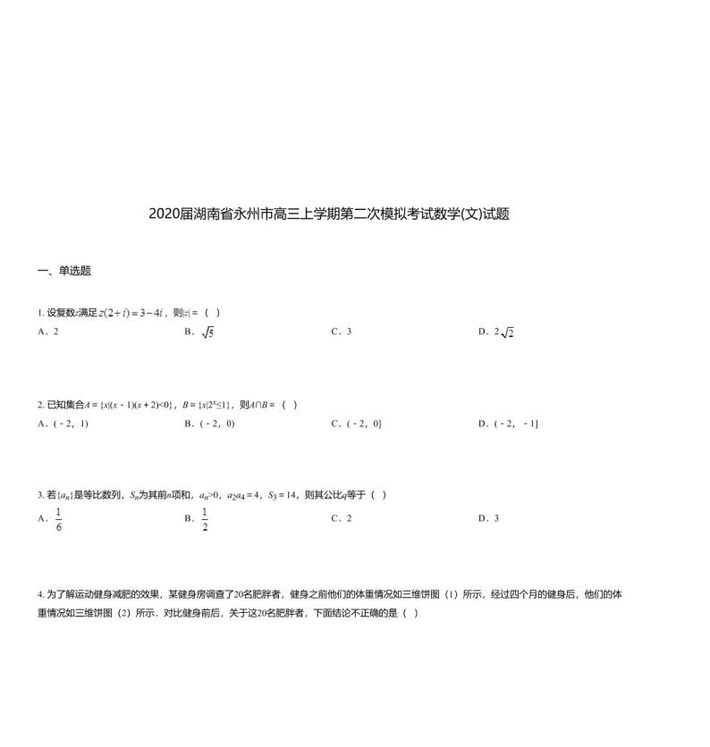 2020届湖南省永州市高三上学期第二次模拟考试数学(文)试题01