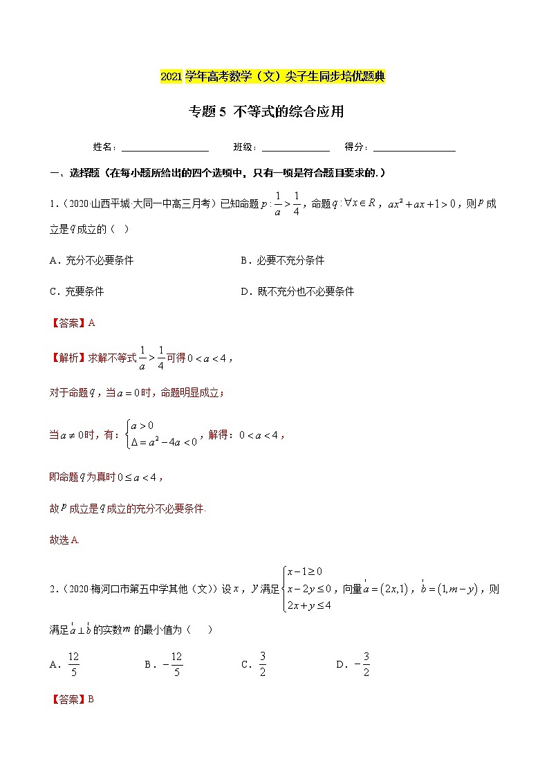 专题5 不等式的综合应用-2021年高考数学(文)尖子生培优题典01