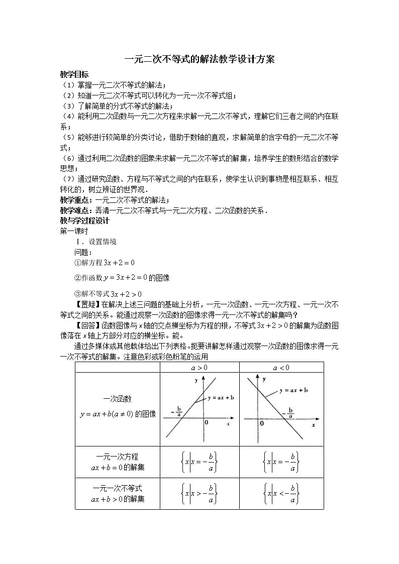 高二人教A版必修5系列教案:3.2一元二次不等式及其解法501