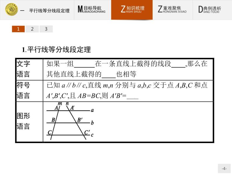 数学人教A版选修4-1课件：1.1 平行线等分线段定理04