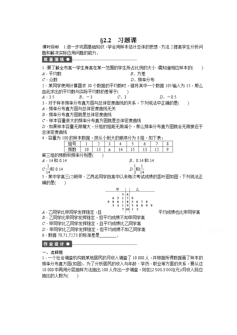 高中数学（人教版A版必修三）配套课时作业：第二章 统计 §2.2 习题课 Word版含答案01