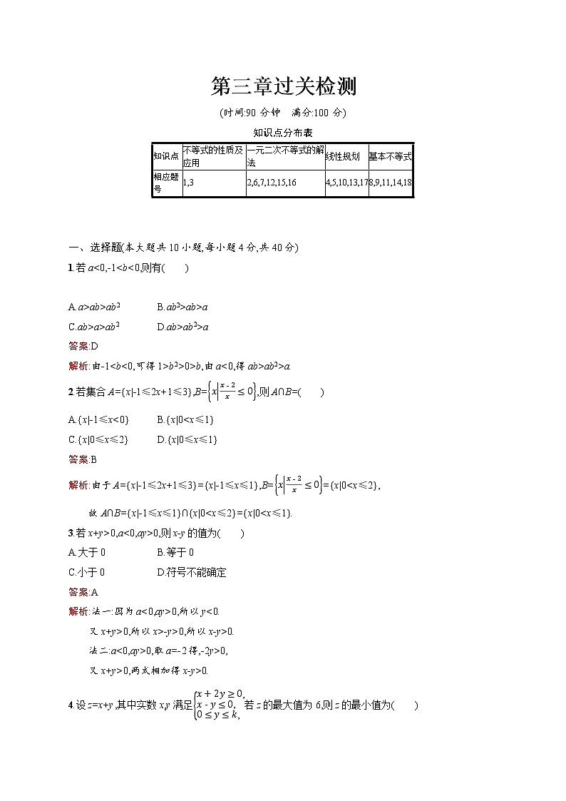 高二数学人教A必修5练习:第三章 不等式 过关检测 Word版含解析01