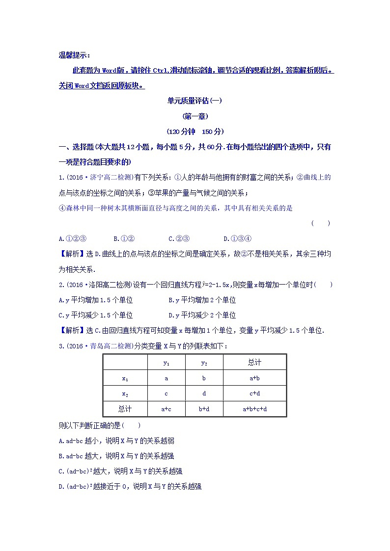 高中数学人教版选修1-2:单元质量评估(一) Word版含答案 试卷01