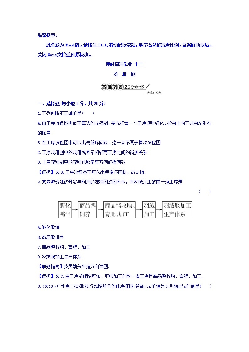 高中数学人教版选修1-2课时提升作业十二 4.1 流程图 Word版含答案 练习01