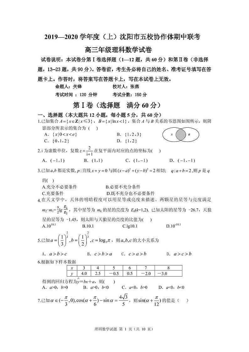 2020届辽宁省沈阳市高三上学期五校协作体期中联考试题 数学理 PDF版01