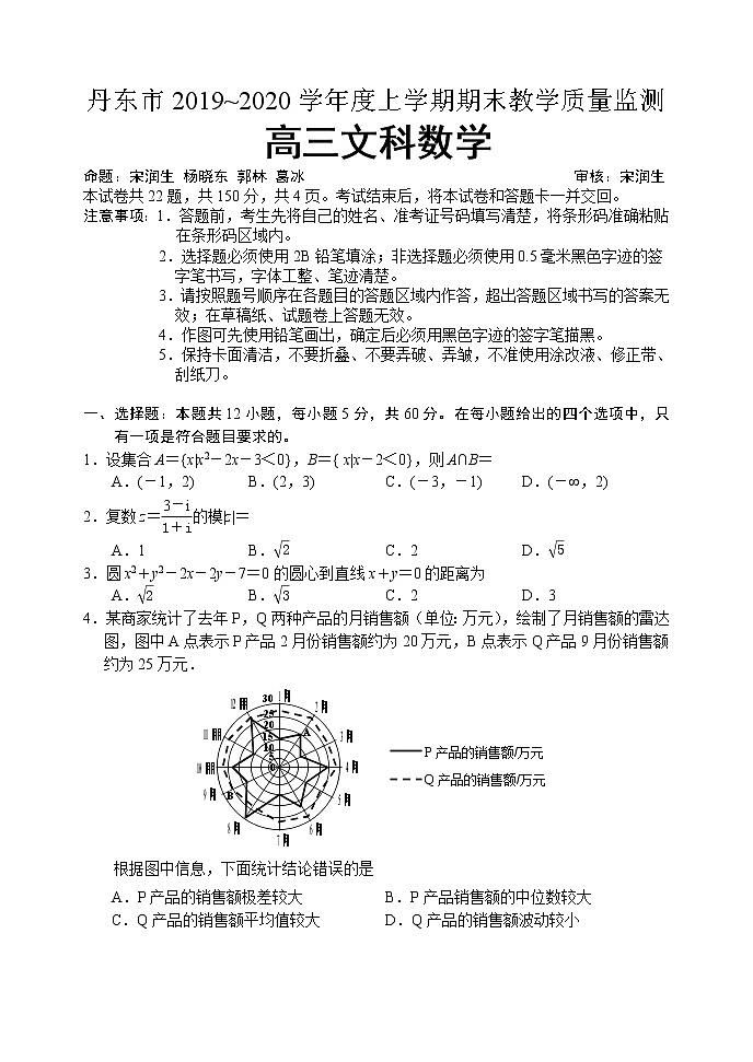 2020届辽宁省丹东市高三上学期期末教学质量监测数学(文)试题第1页