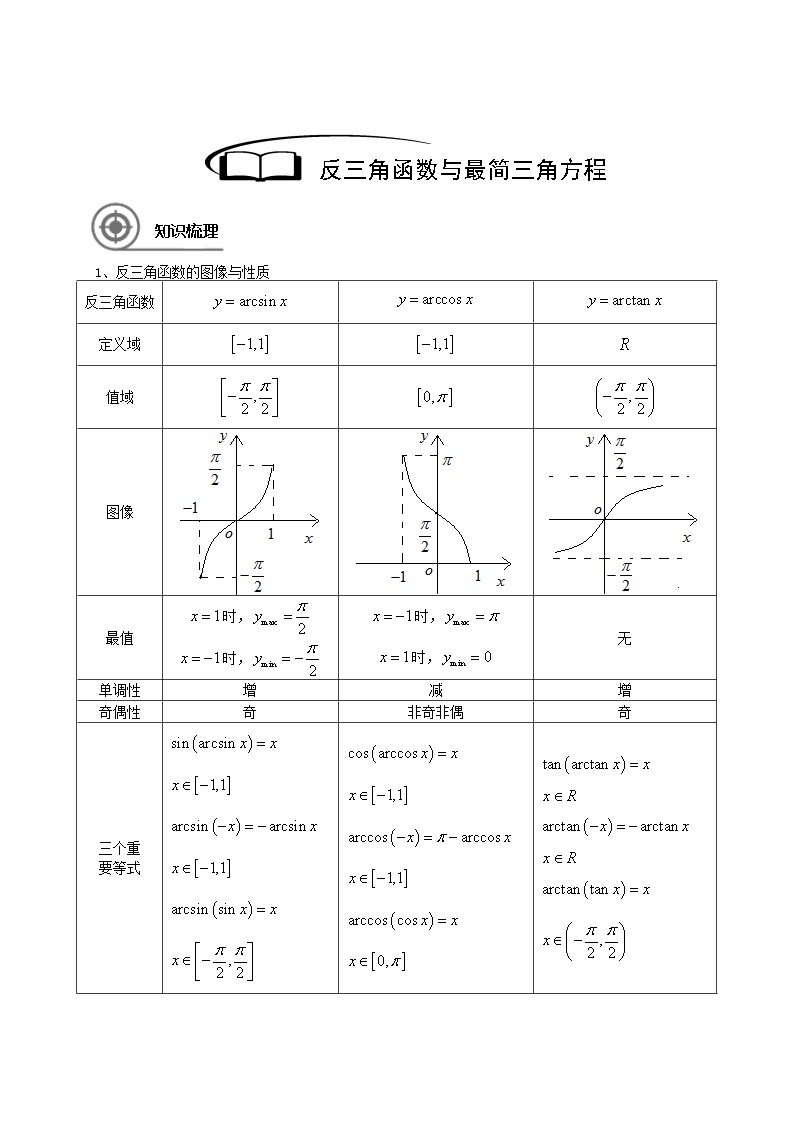 数学沪教版高一下册第六章反三角函数与最简三角方程教案02