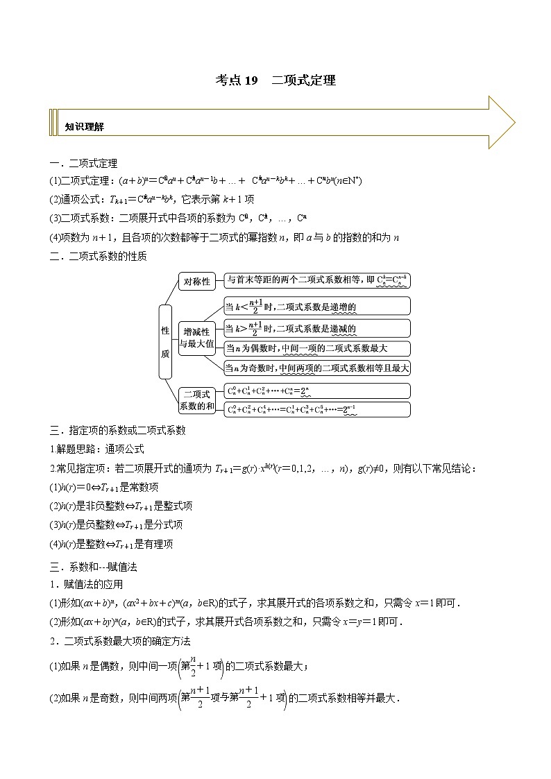 2021年高考艺术生数学基础复习 考点19 二项式定理(学生版) 教案01