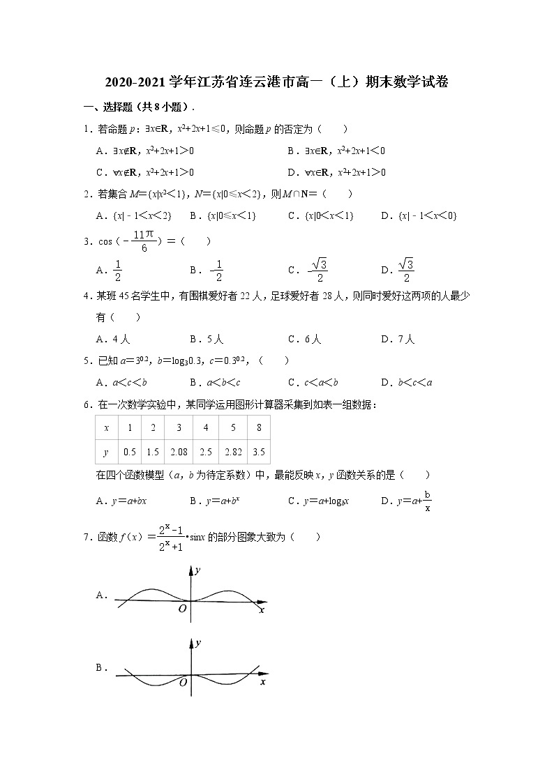 江苏省连云港市2020-2021学年高一上学期期末数学试题（解析版）01