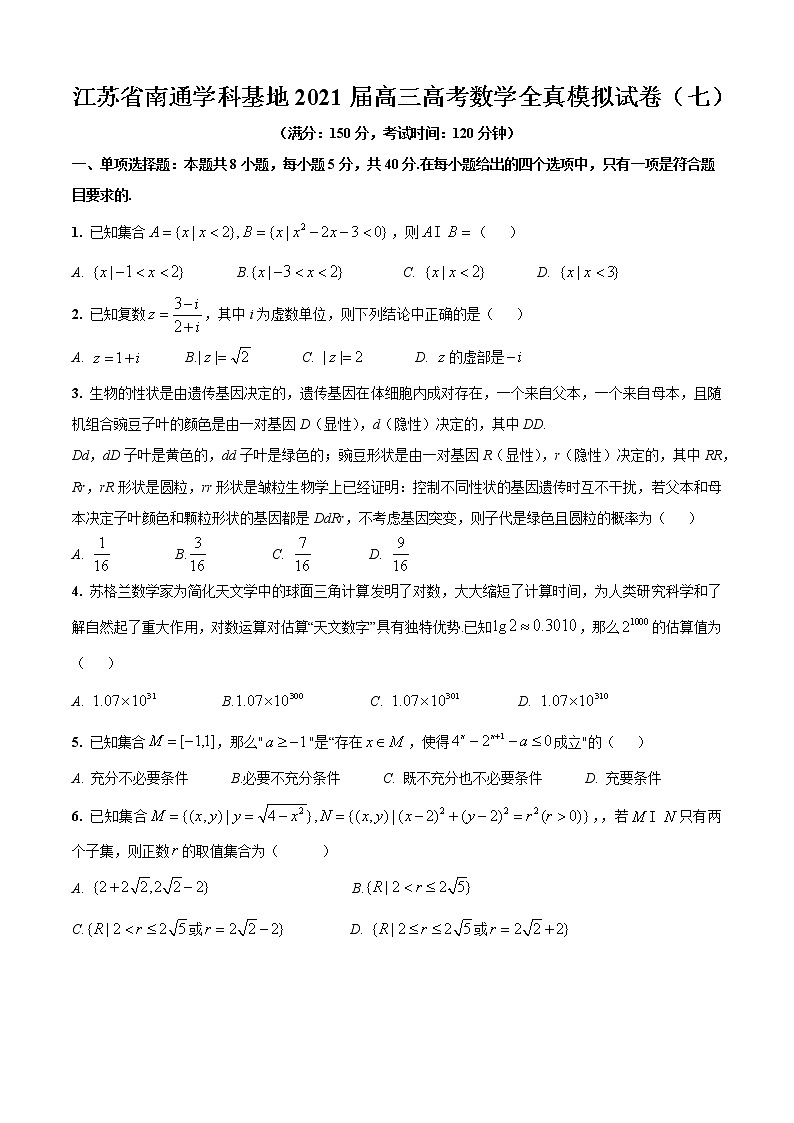 江苏省南通学科基地2021届高三高考数学全真模拟试卷(七)01