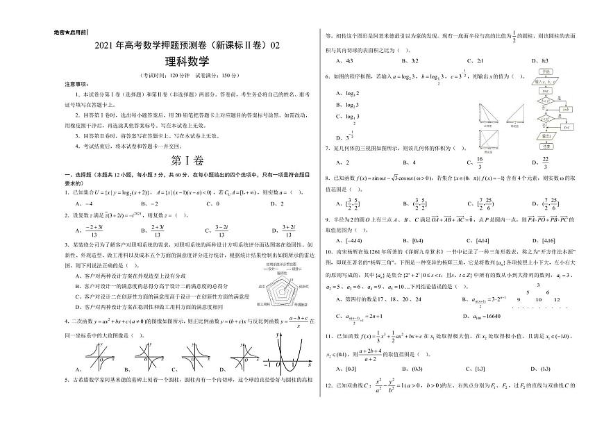 理科數(shù)學(xué)-2021年高考數(shù)學(xué)押題預(yù)測卷（新課標(biāo)Ⅱ卷）02（考試版）第1頁