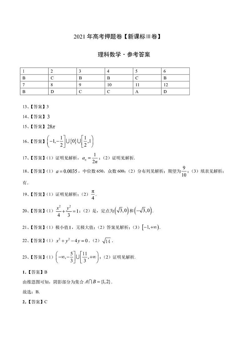 2021年高考数学(理)押题卷(新课标III卷含解析)0201