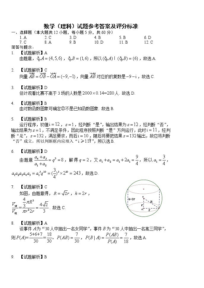 宁夏石嘴山市2021届高三下学期质量检测三数学(理科)试题+答案(扫描版)01