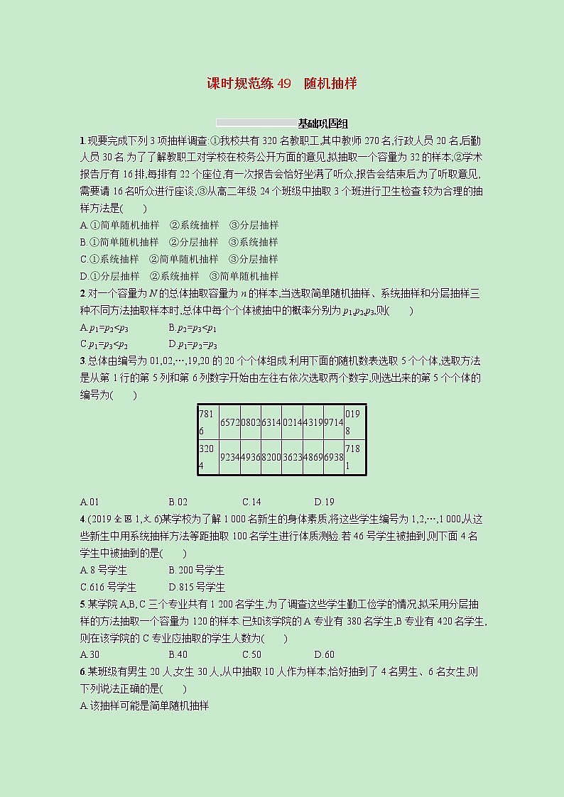 2022高考数学一轮复习课时规范练49随机抽样(含解析)第1页