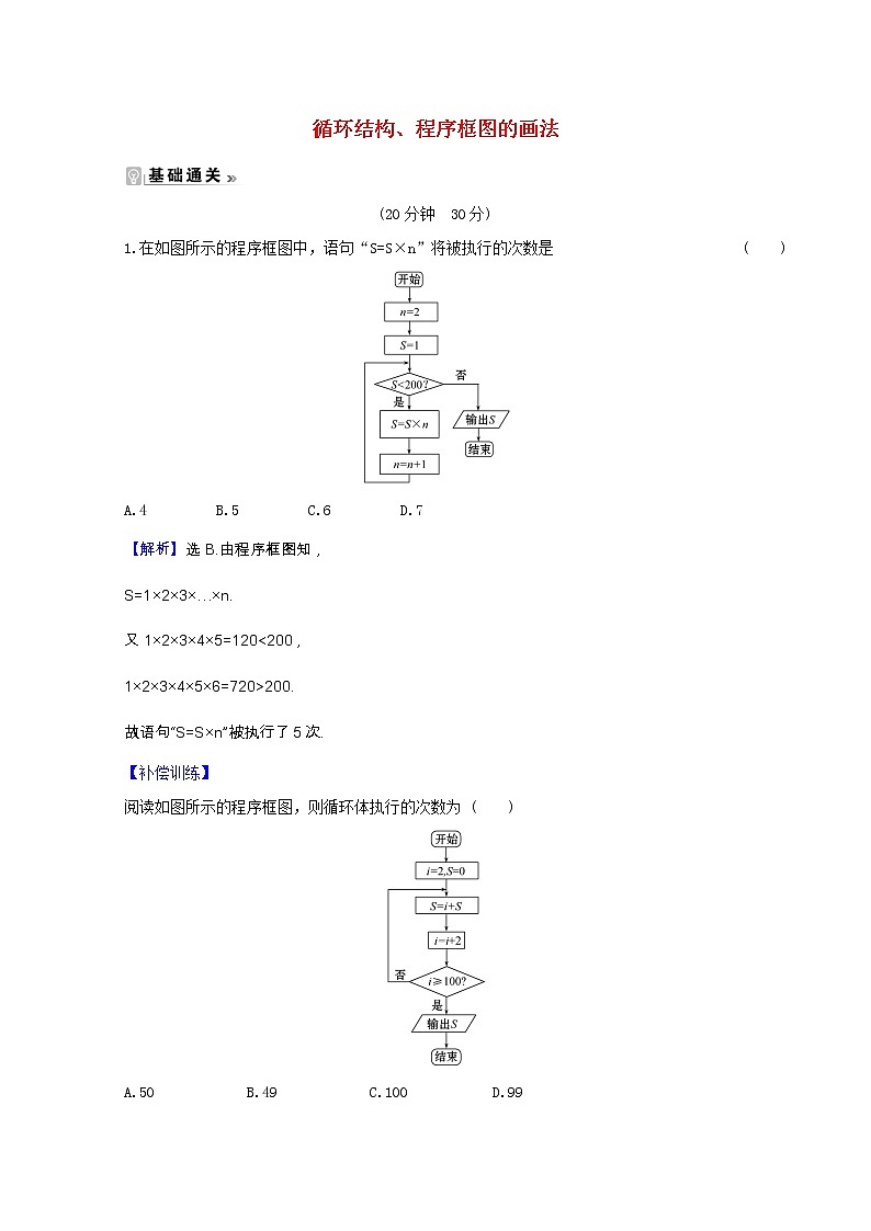新人教A版 必修3高中数学 第一章算法初步1.1.2.3循环结构程序框图的画法课时素养评价(含解析) 试卷01