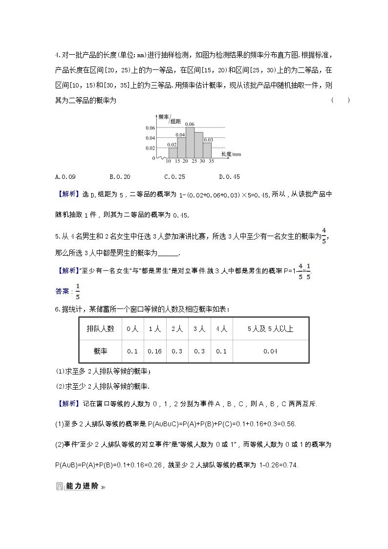 新人教A版 必修3高中数学 第三章概率3.1.3概率的基本性质课时素养评价（含解析） 试卷02