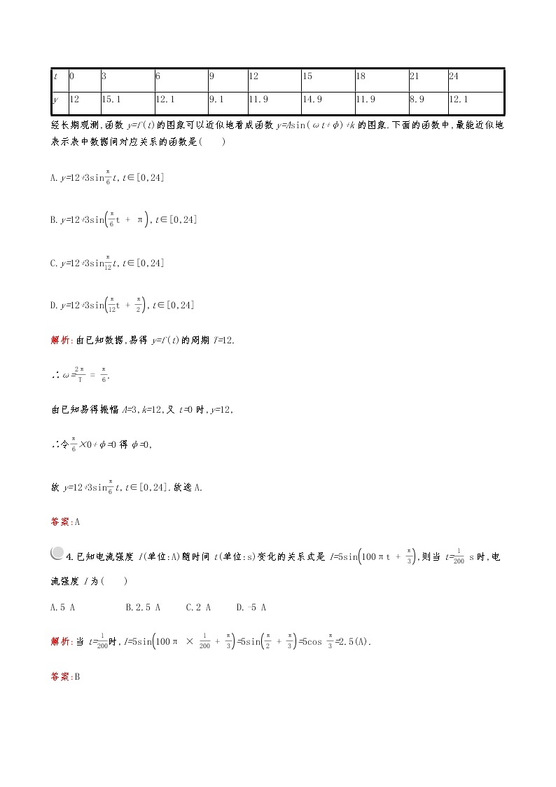 高中数学人教A必修4第一章：1.6三角函数模型的简单应用 试卷02