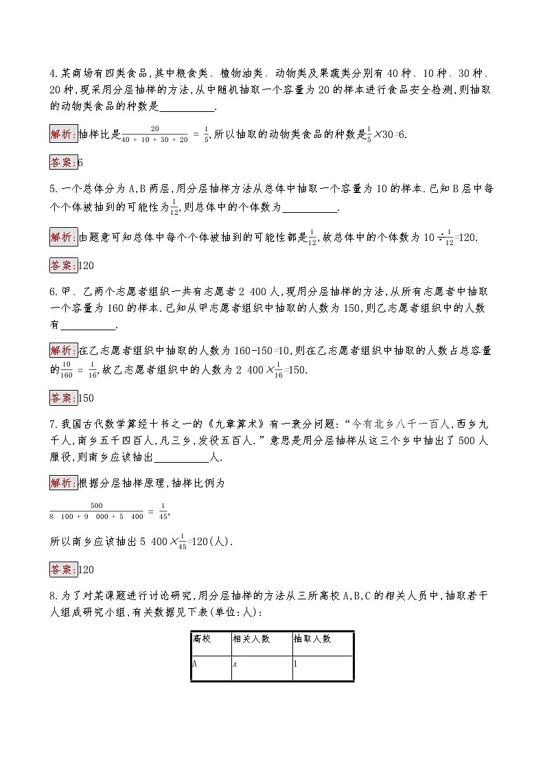 高中数学人教版新课标A 必修3 2.1.3 分层抽样 试卷02
