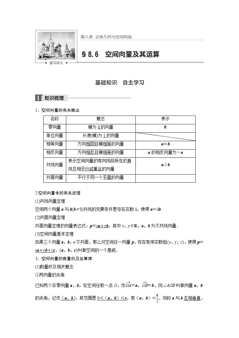 高考数学一轮复习讲义第8章第6节空间向量及其运算第1页