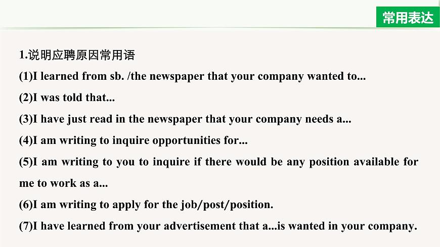 2020-2021學(xué)年高中英語外研版(2019)選擇性必修第四冊Unit1 Period Five Writing—Writing an application letter課件第5頁