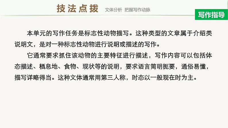 2020-2021学年高中英语人教版(2019)高二选择性必修第四册 Unit 2 Period Five Writing—A description of an iconic animal 课件第3页