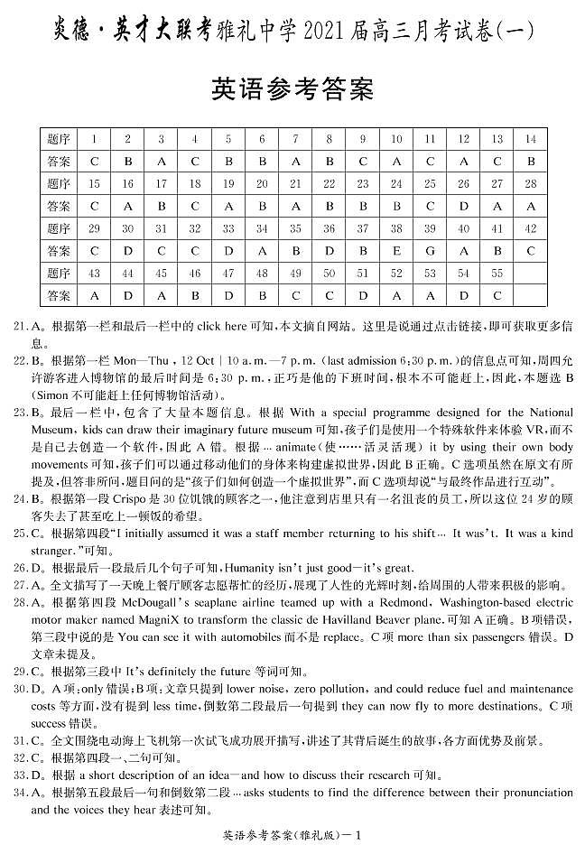 湖南省雅礼中学2021届高三上学期月考(一)英语答案第1页