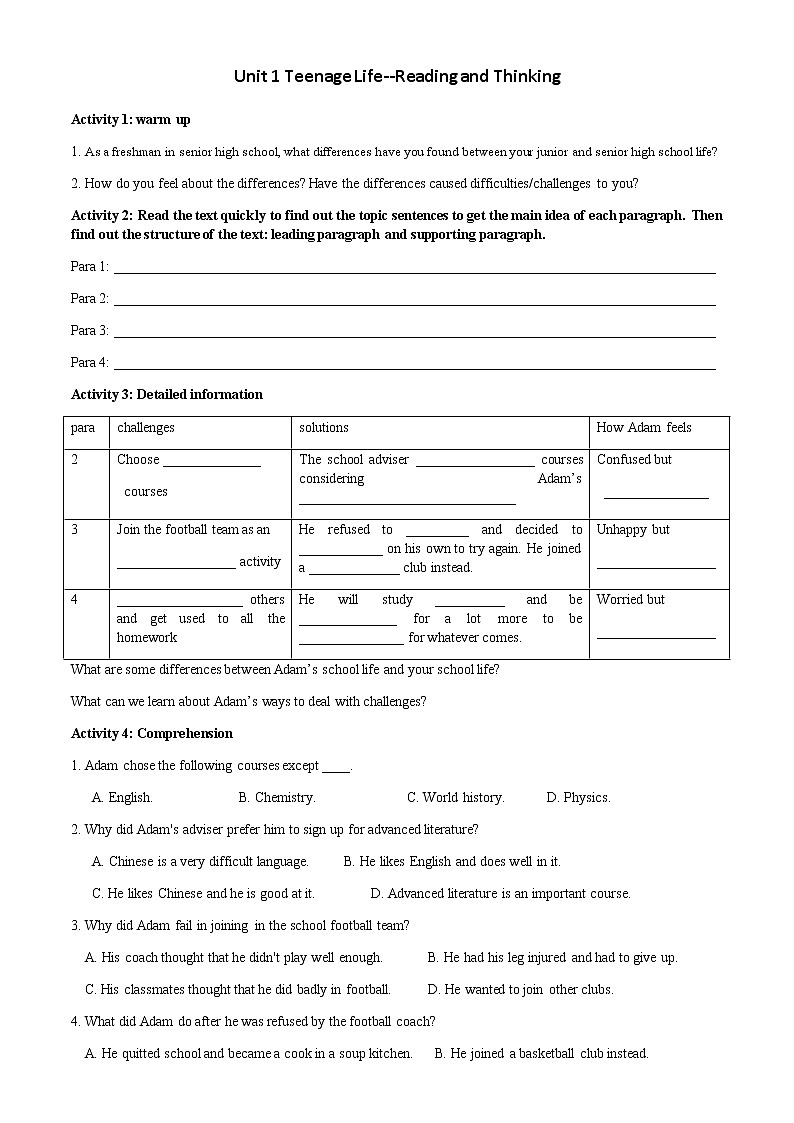 Unit 1 Teenager Life Reading and Thinking【新教材】人教版(2019)必修第一册(课件+学案)01
