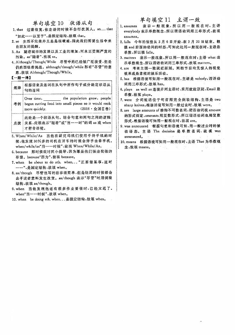 2021年高考英语总复习 小题精练 第1部分 单句填空10、11 状语从句、主谓一致（含解析）（PDF）